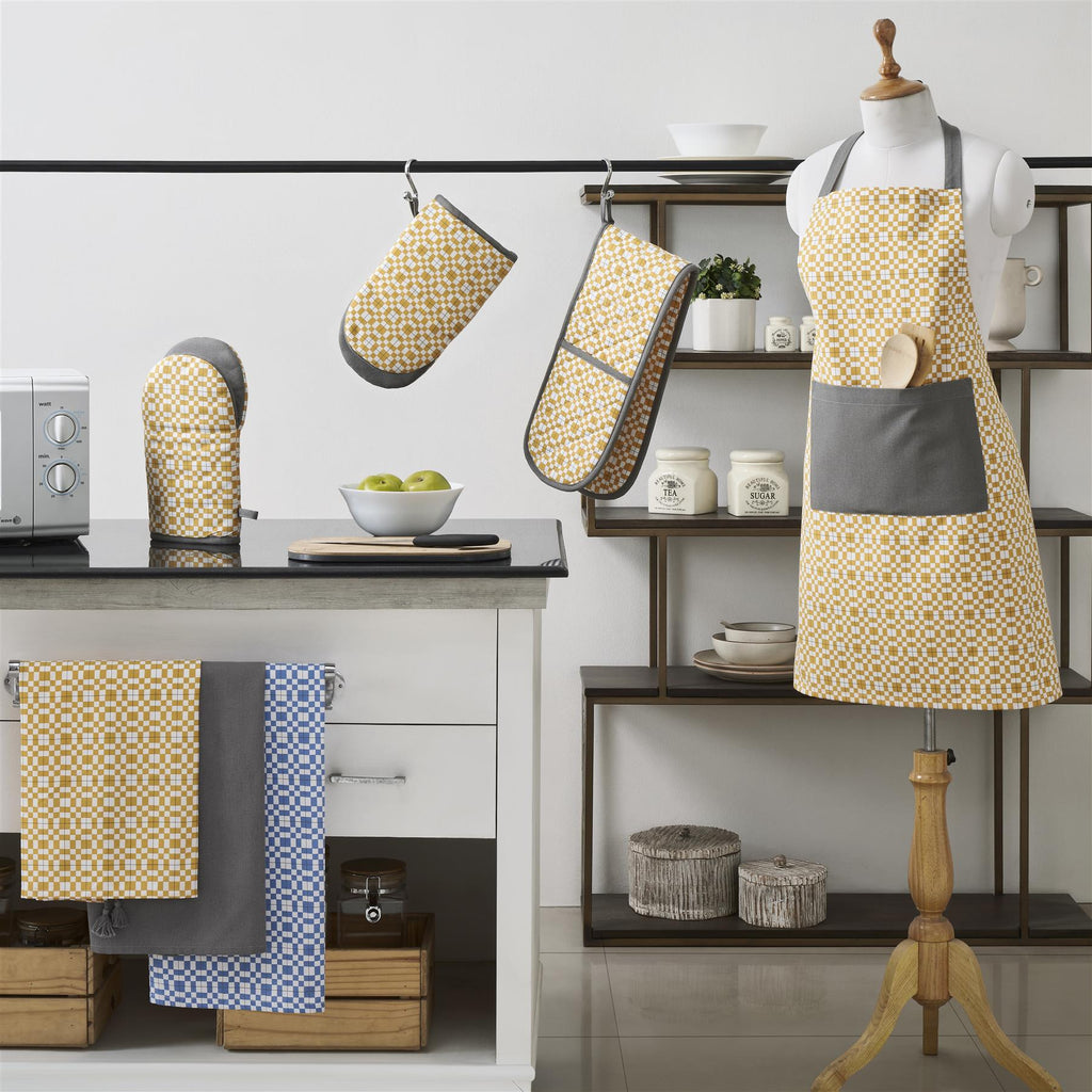 Blue Linen Apron, Tea Towel and Oven Mitt Set