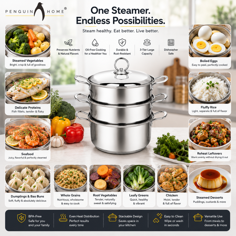 Buy Penguin Home 3 Tier Stainless Steel Steamer Set 20cm, Induction ...