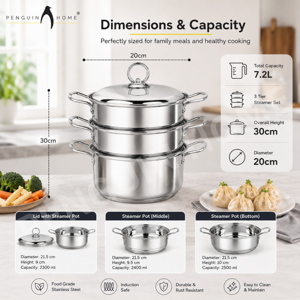 Buy Penguin Home 3 Tier Stainless Steel Steamer Set 20cm, Induction ...