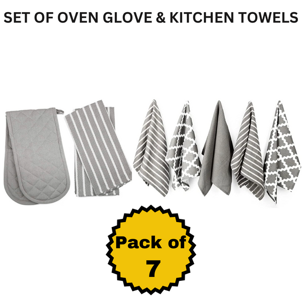 Stylish Kitchen Cotton Tea Towels & Heat Resistant Oven Gloves (Set of 8)