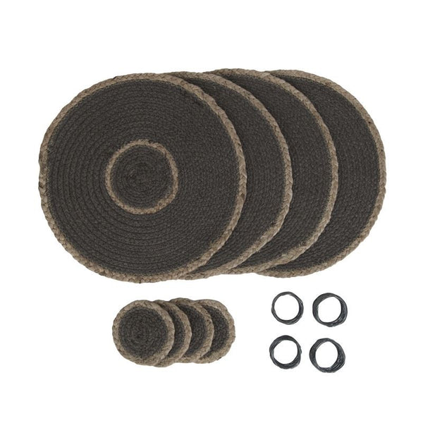 Tischsets, Untersetzer und Serviettenringe – handgefertigt aus Jute und Polyester