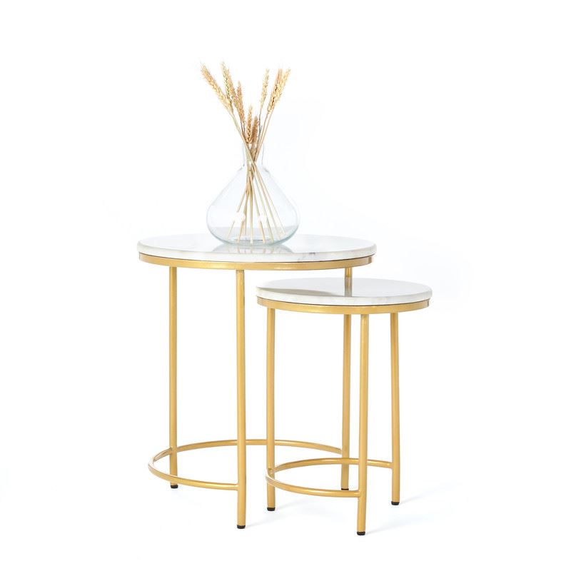 Nesting Coffee Side Tables - Round shaped Marble Top with Steel Frame