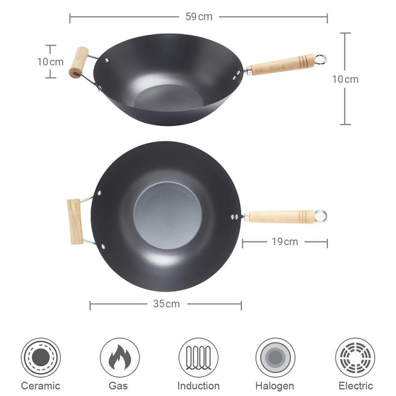 Carbon Steel Non Stick Wok with Sturdy Wooden Handle