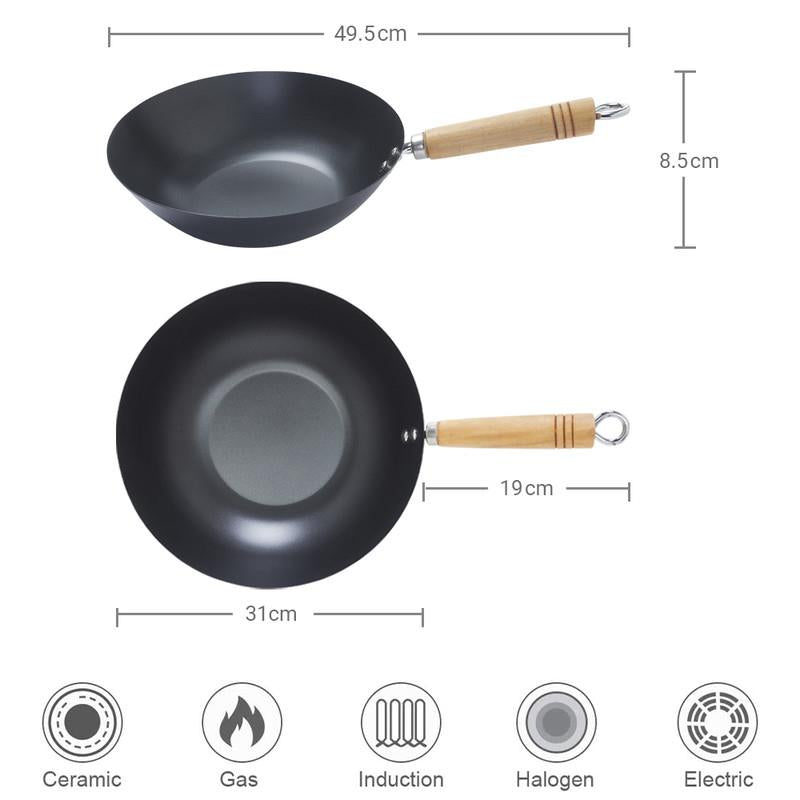 Carbon Steel Non Stick Wok with Sturdy Wooden Handle