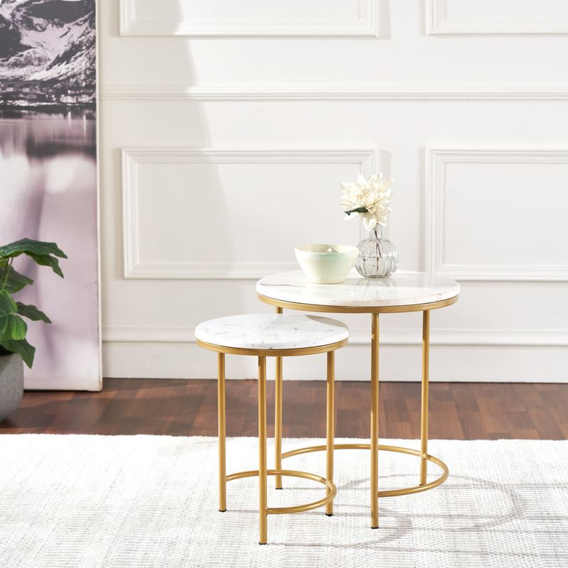 Nesting Coffee Side Tables - Round shaped Marble Top with Steel Frame