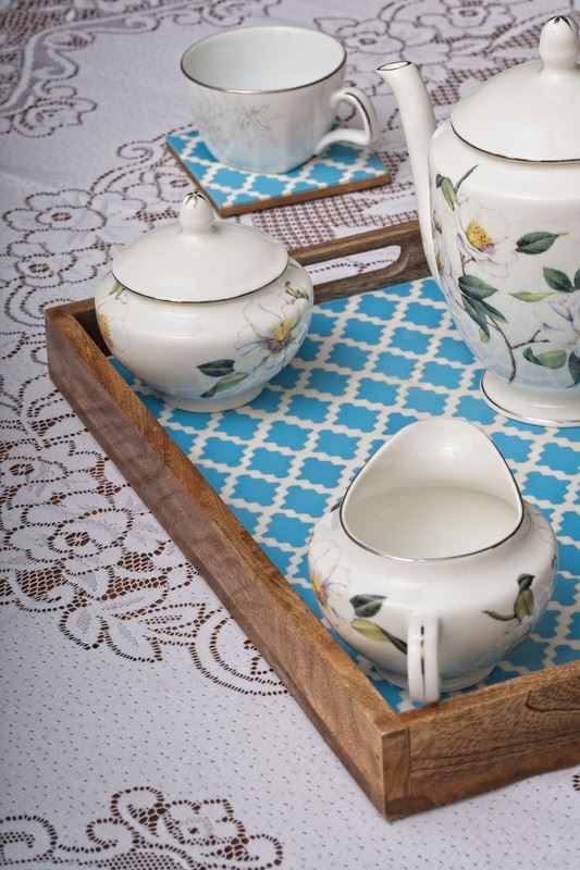Serving Tray with Coasters Set - Checked Design