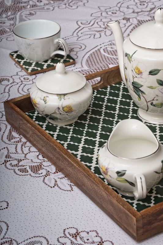 Serving Tray with Coasters Set - Checked Design