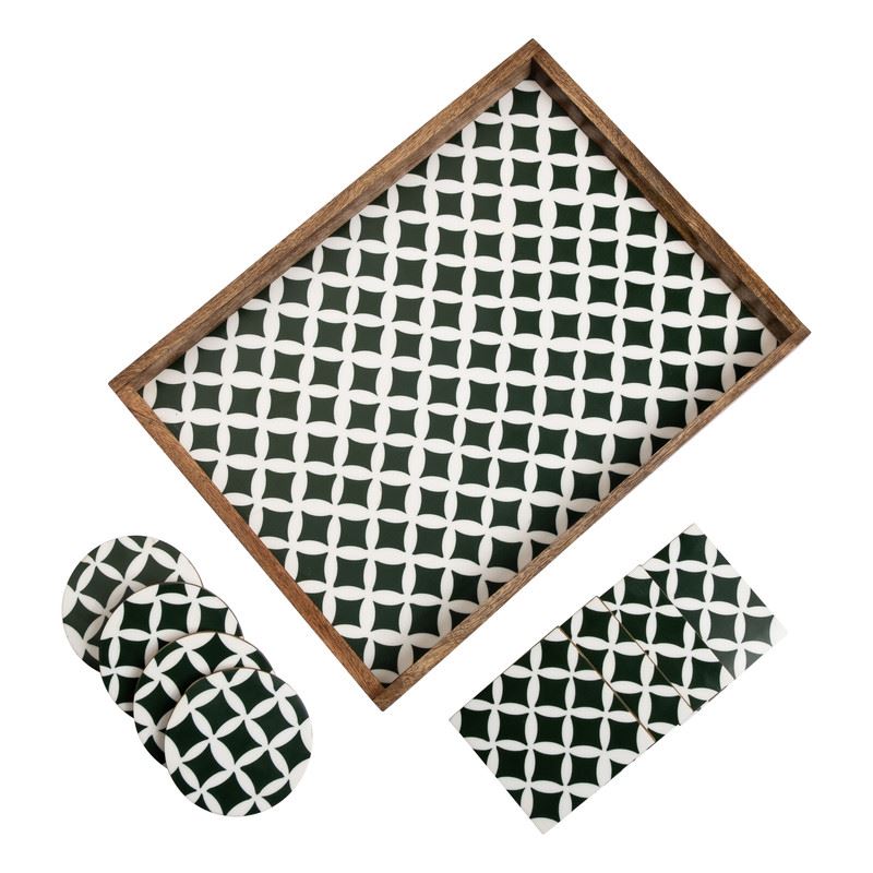 Serving Tray with Coasters Set - Diamond Design