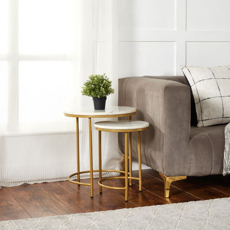 Nesting Coffee Side Tables - Round shaped Marble Top with Steel Frame