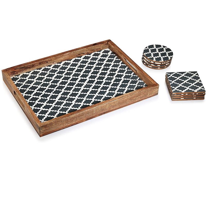 Serving Tray with Coasters Set - Checked Design