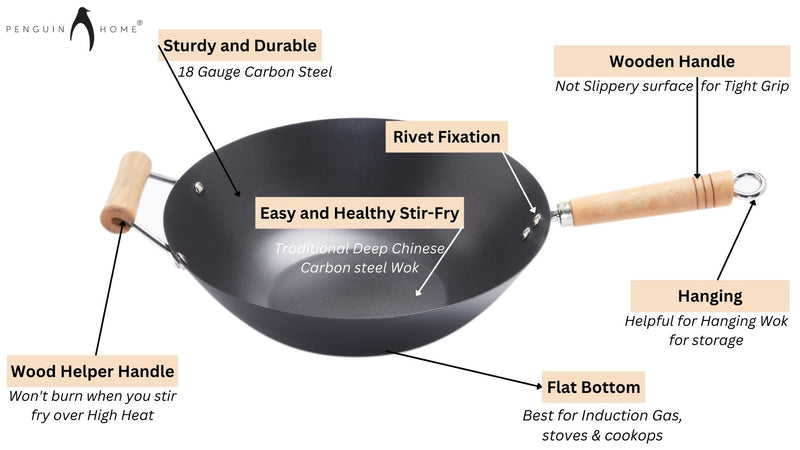 Carbon Steel Non Stick Wok with Sturdy Wooden Handle