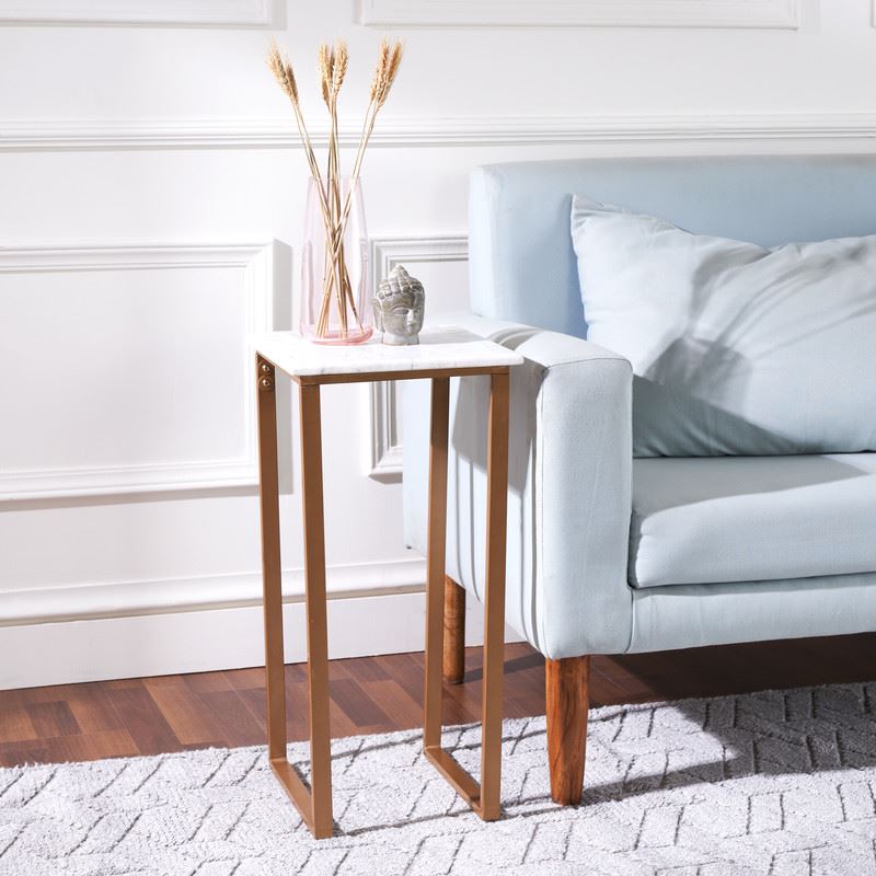 Side Table with Real Marble Top & Sturdy Rectangular Legs