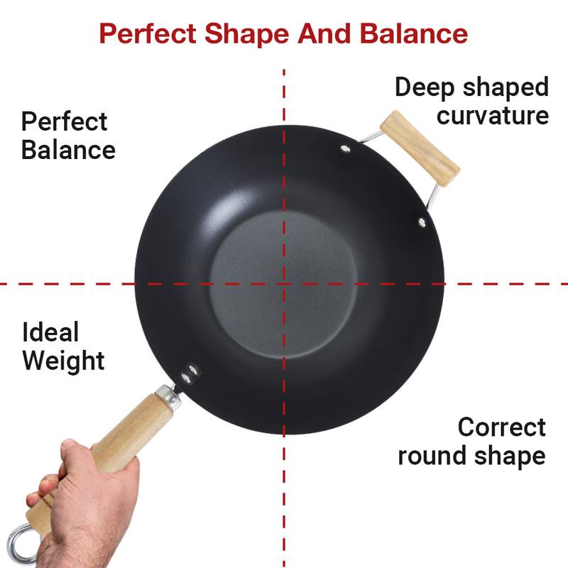 Carbon Steel Non Stick Wok with Sturdy Wooden Handle
