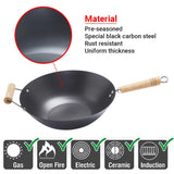 Carbon Steel Non Stick Wok with Sturdy Wooden Handle