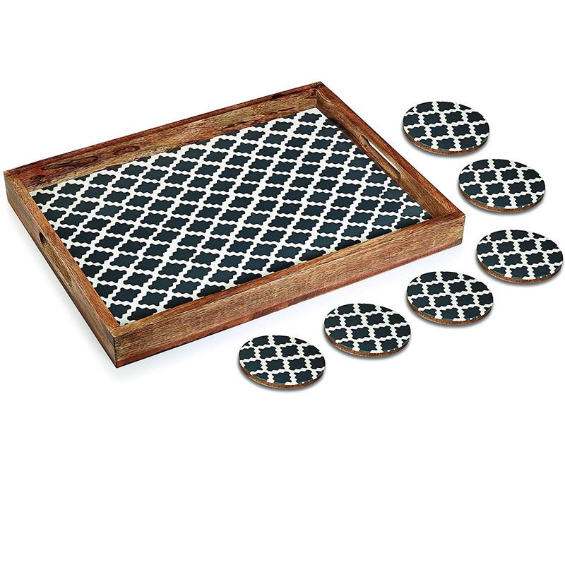 Serving Tray with Coasters Set - Checked Design