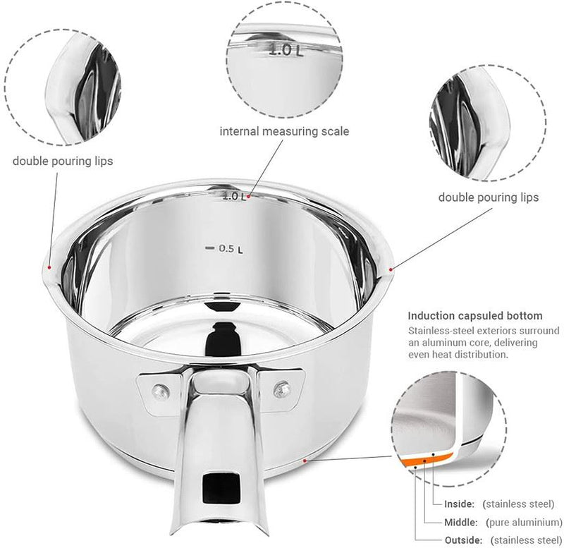 Penguin Home® Milk Pan 14cm, 1 Litre Stainless Steel Milk Pot With Double  Sided Pouring Lips Perfect for Boiling Eggs, Warming Milk 