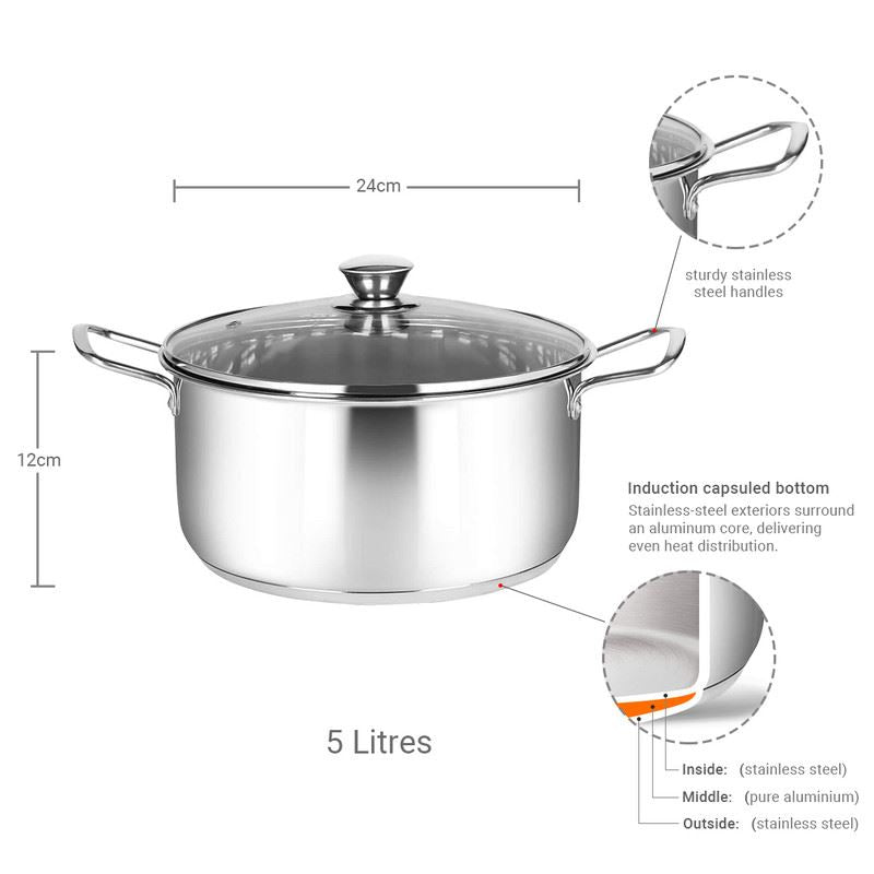 24cm Induction Base Stainless Steel Soup Pot Stew Pots Casserole with Glass  Lid 